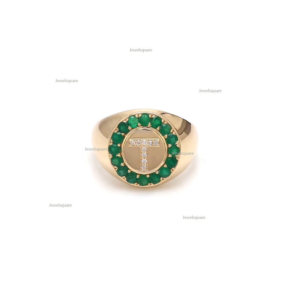 Thumbnail: Natural Emerald & Diamond Personalized Initial Letter Signet Ring 14k Gold Ring
