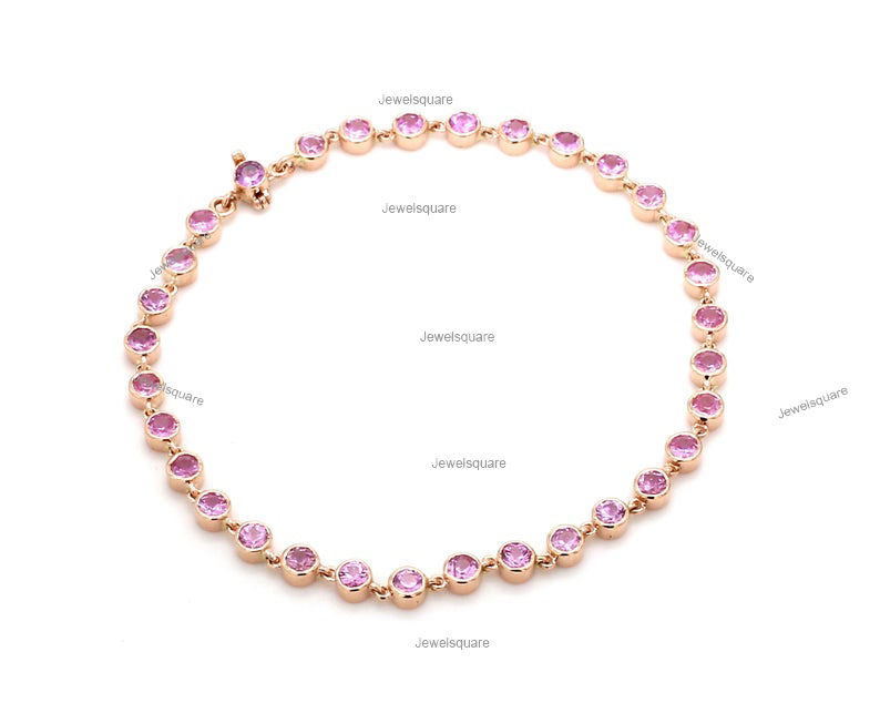 Thumbnail: Natural Pink Sapphire Tennis Bracelet 14k Solid Gold Bezel Set Jewelry