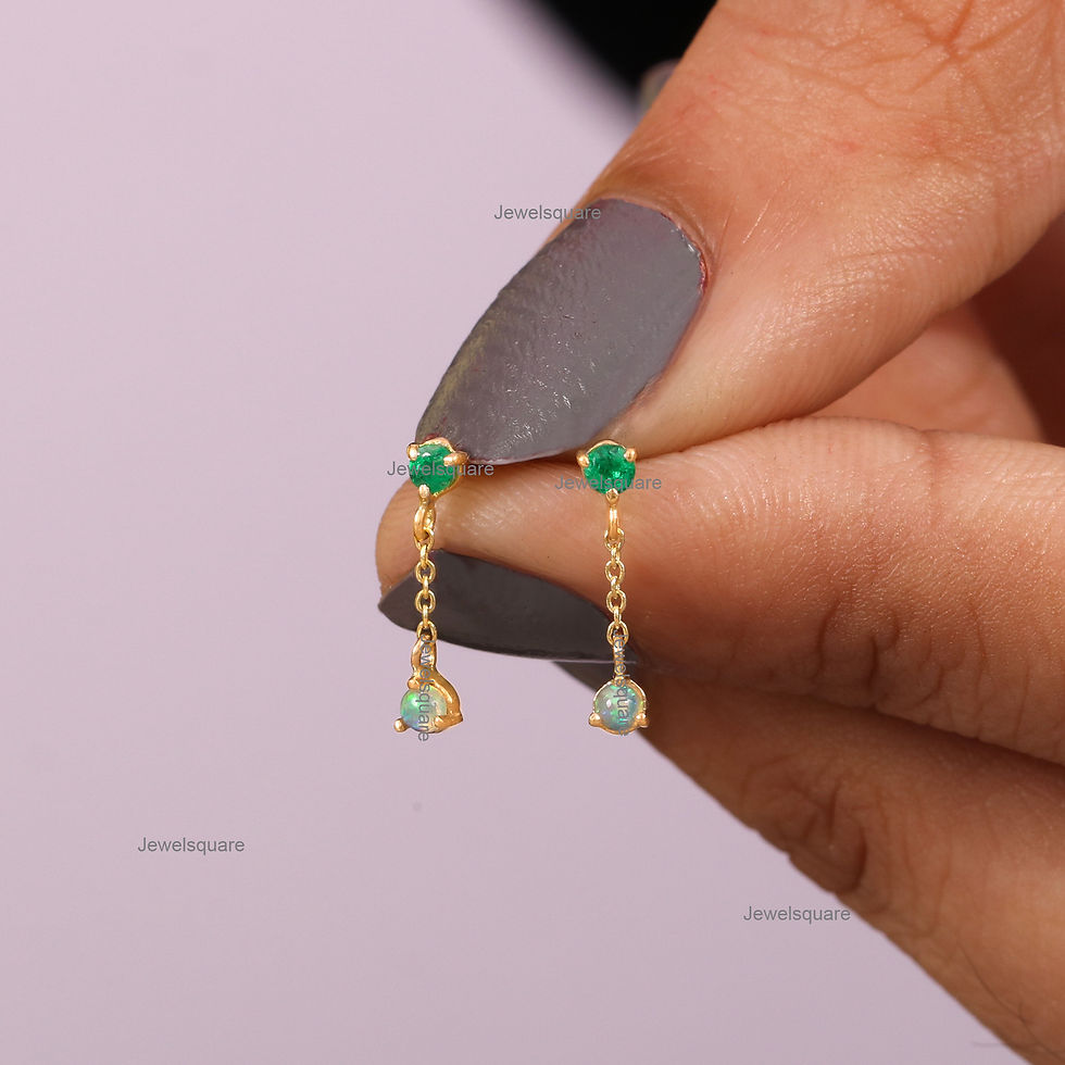 Thumbnail: 14k Yellow Gold Emerald & Ethiopian Opal Chain Drop Studs, Handmade Fine Earring