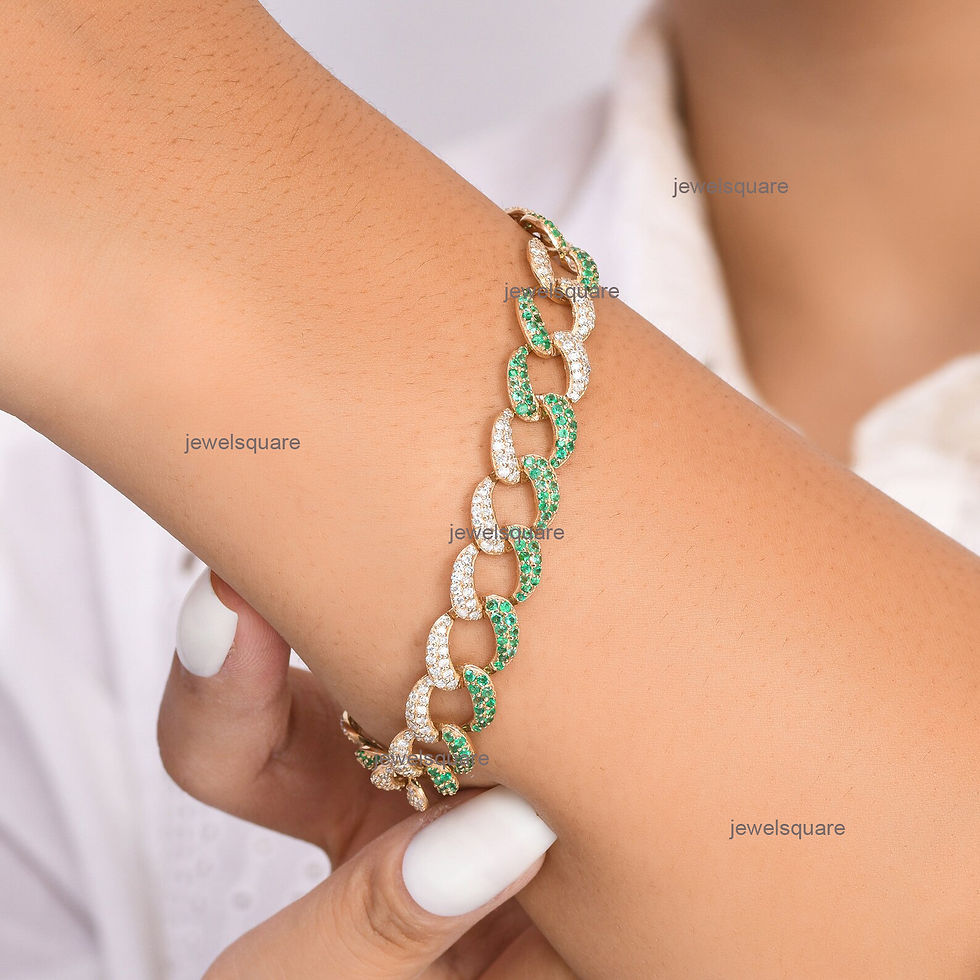 Thumbnail: Natural Pave Diamond & Emerald  Cuban Chain Tennis Bracelet In 14k Yellow Gold