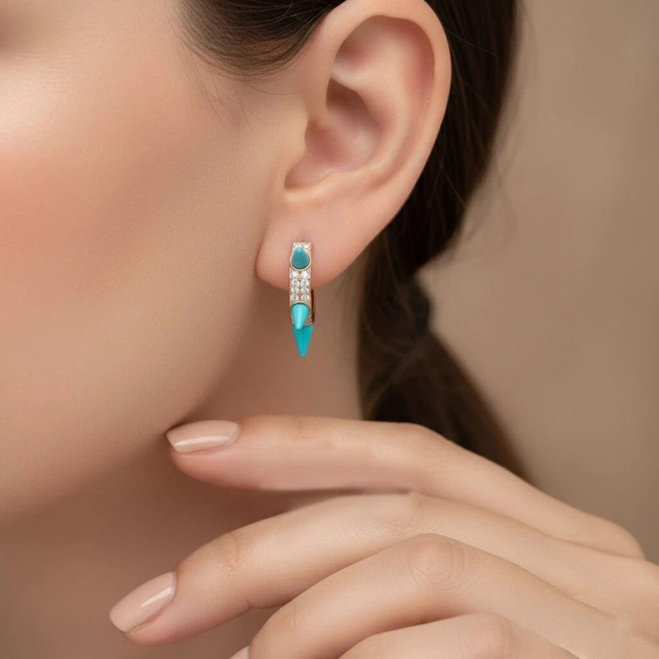 Thumbnail: Arizon Turquoise & Diamond 3 Spike Huggie Hoops Earrings In14K Solid Yellow Gold