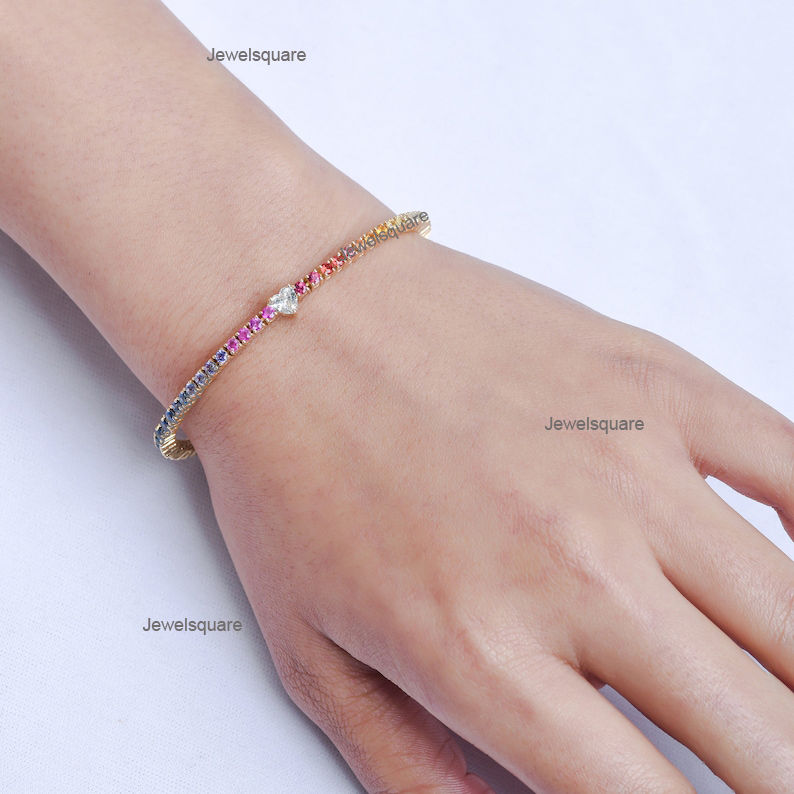 Thumbnail: Heart Shape Diamond & Rainbow Sapphire Tennis Bracelet in 14K Yellow Gold Fine