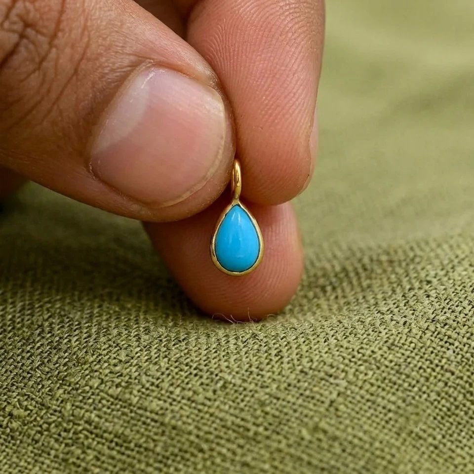 Thumbnail: Solitaire Pear Turquoise Bezel Set Charm Pendant , 14k Yellow Gold Birthday Gift