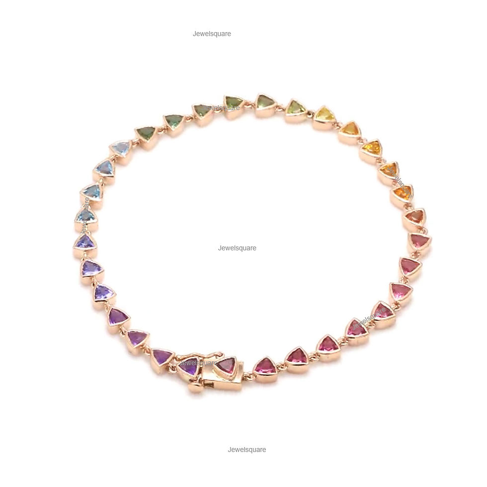 Thumbnail: Trillion Cut Genuine Multi Sapphire Tennis Link Chain Bracelet 14k Solid Gold