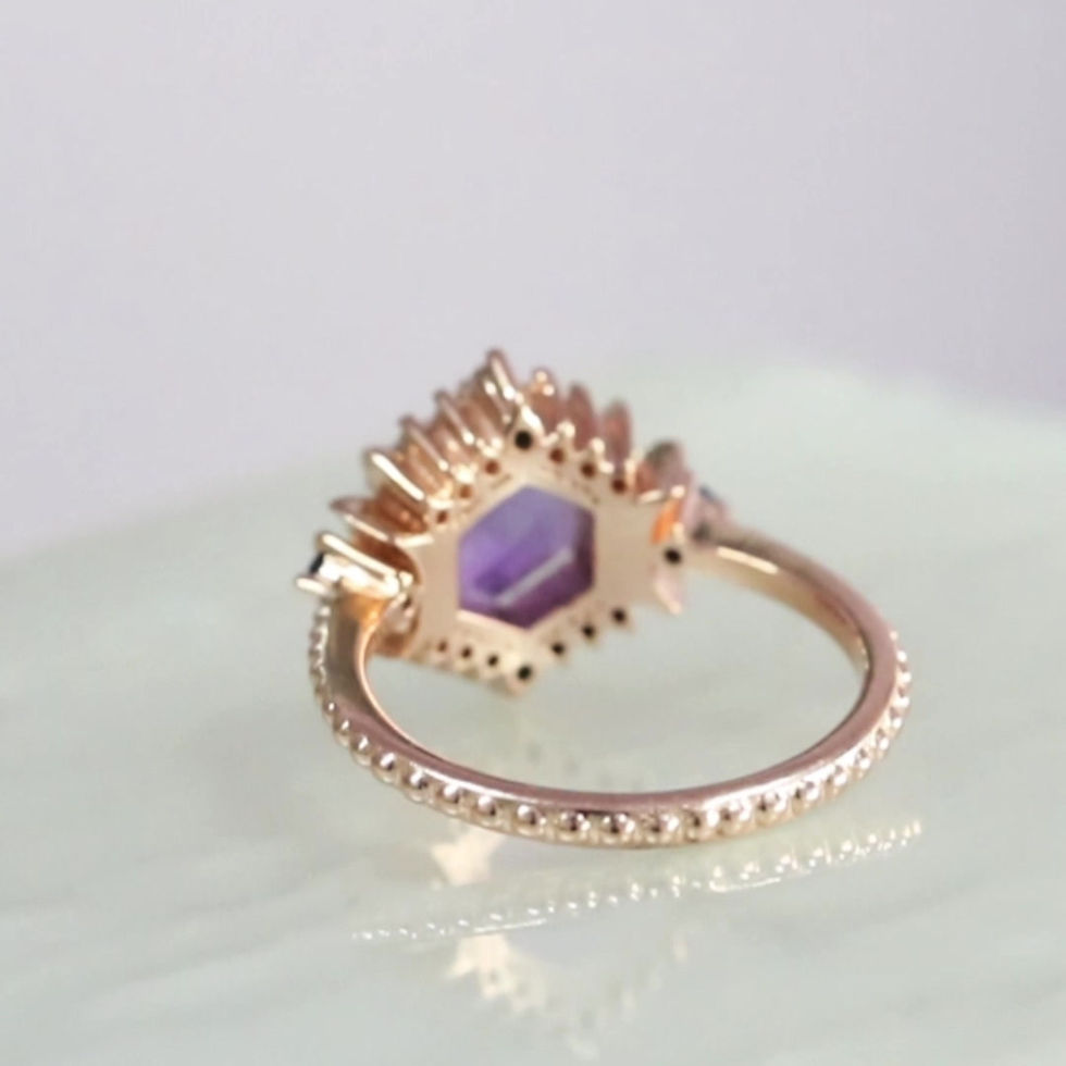 Thumbnail: Hexagon Amethyst Vintage Engagement Ring,925 Silver Rose Plated Sapphire CZ Ring
