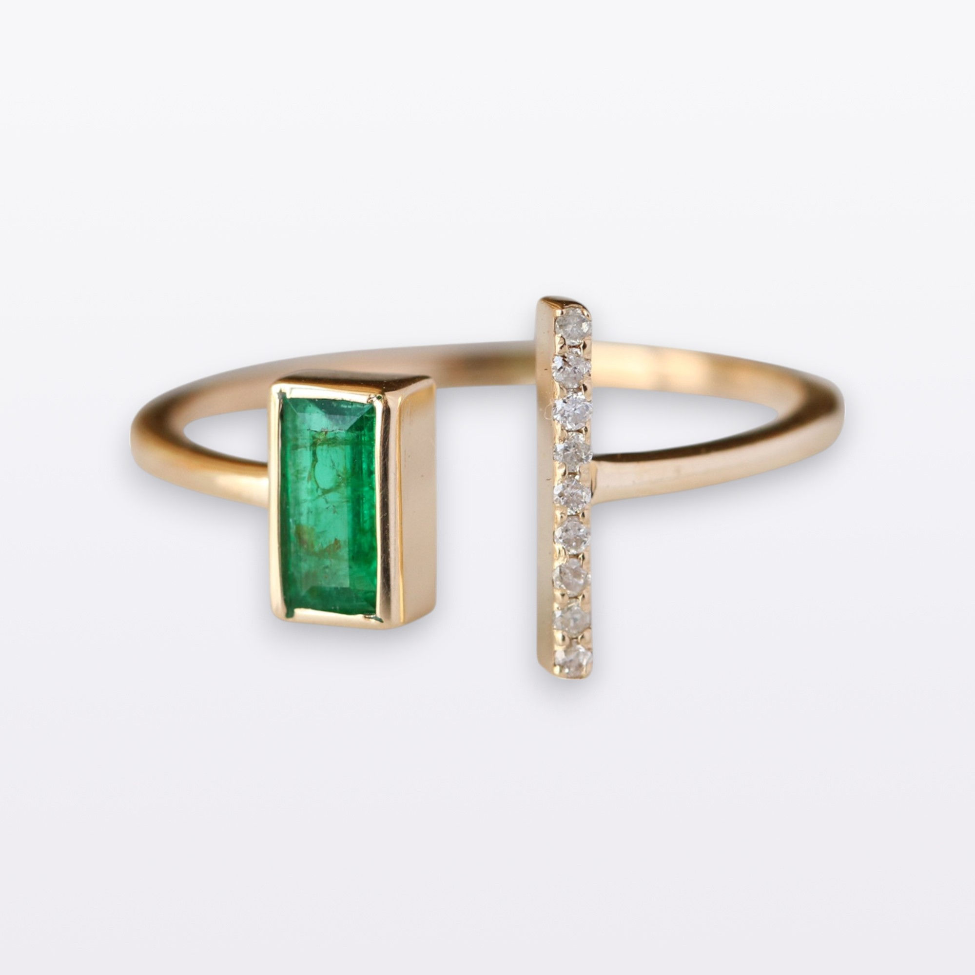 Genuine Baguette Emerald Gemstone And SI Diamonds Bezel Set 14k Gold Cuff Ring