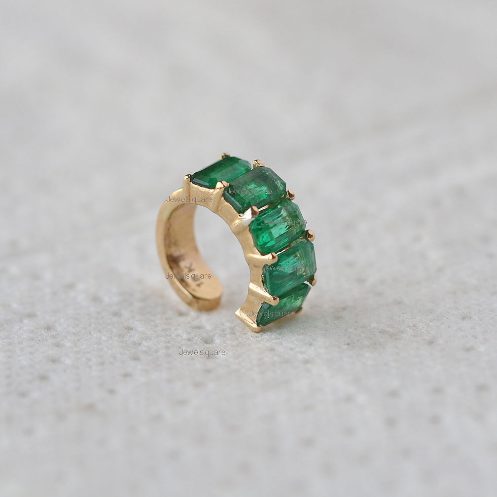 Thumbnail: 1.49ct Real Octagon Emerald Open Ear Cuff Earrings 14k Yellow Gold