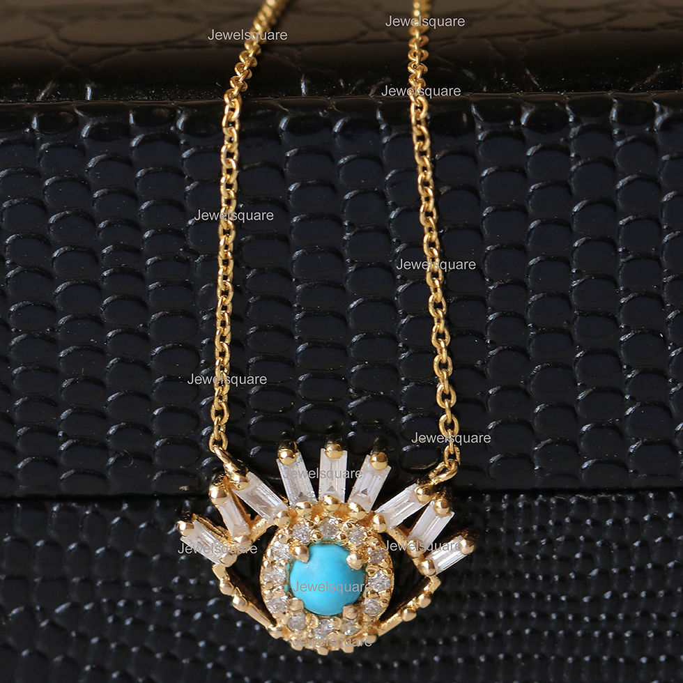 Thumbnail: Arizona Turquoise Baguette Diamond Evil Eyes Necklace 14k Yellow Gold Jewelry