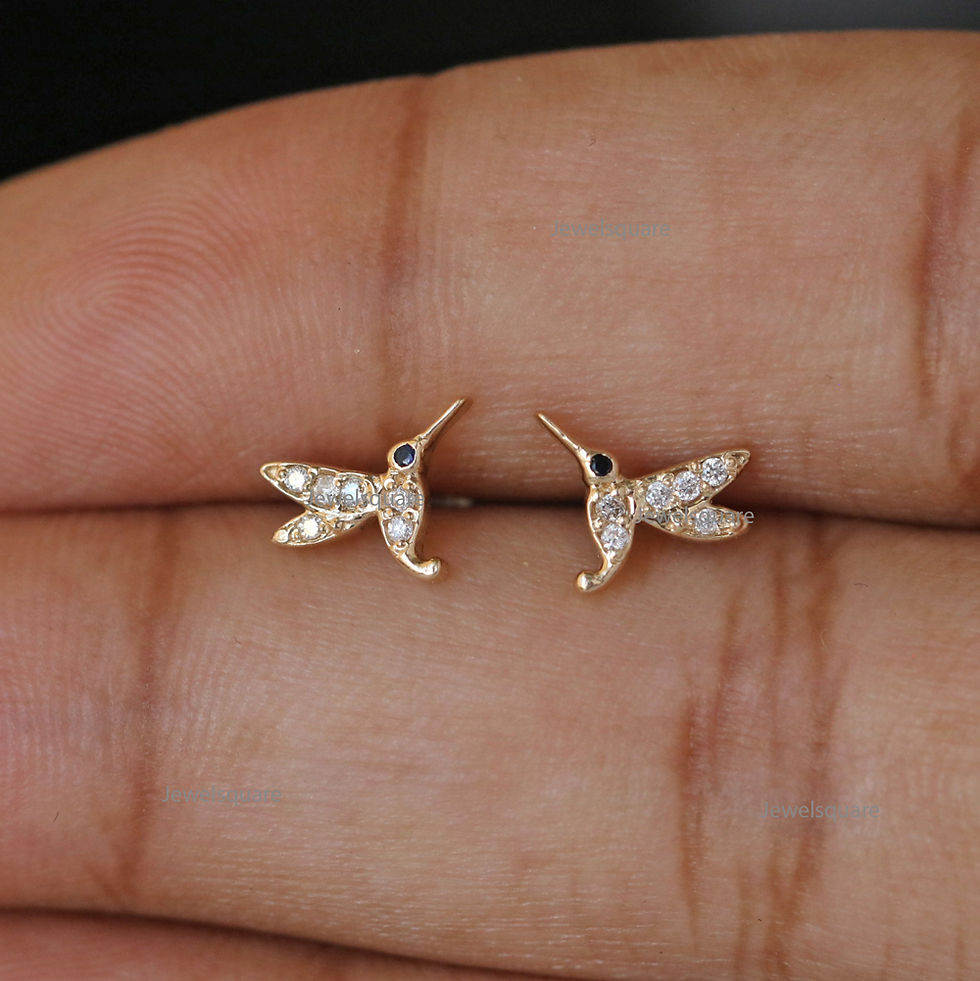 Thumbnail: Blue Sapphire & Diamond Humming Bird Studs Earrings in 14k Yellow Gold Jewelry