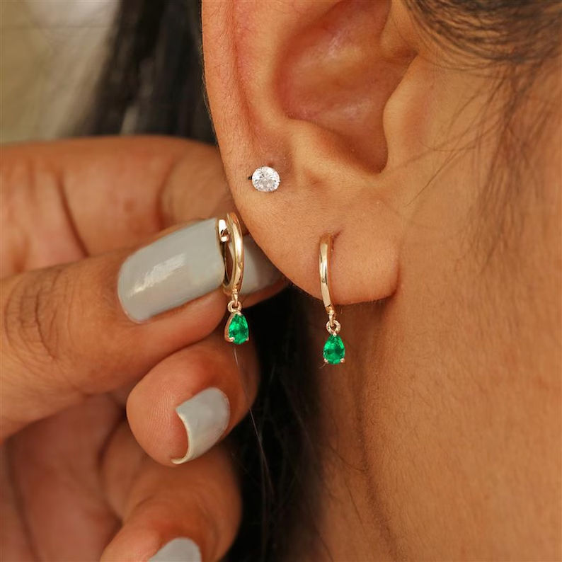 Thumbnail: Solitaire Pear Emerald Drop Huggie Hoop Earrings, Solid 14k Yellow Gold Jewelry