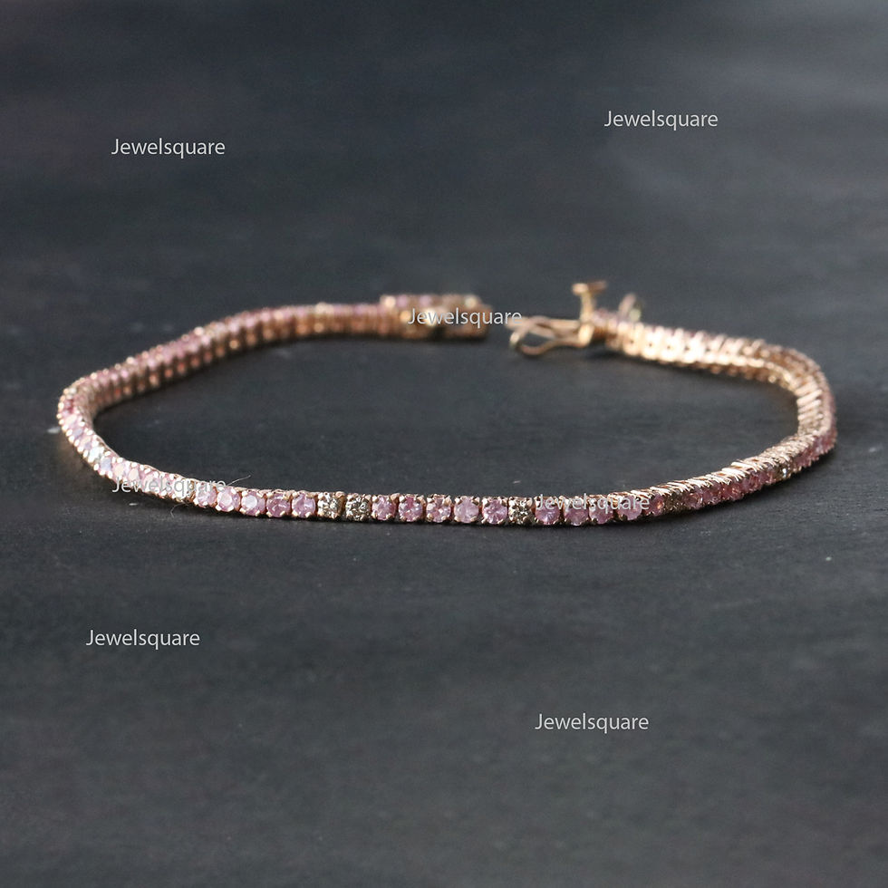 Thumbnail: Natural Pink Sapphire & Diamond Tennis Bangle Bracelet 14k Yellow Gold