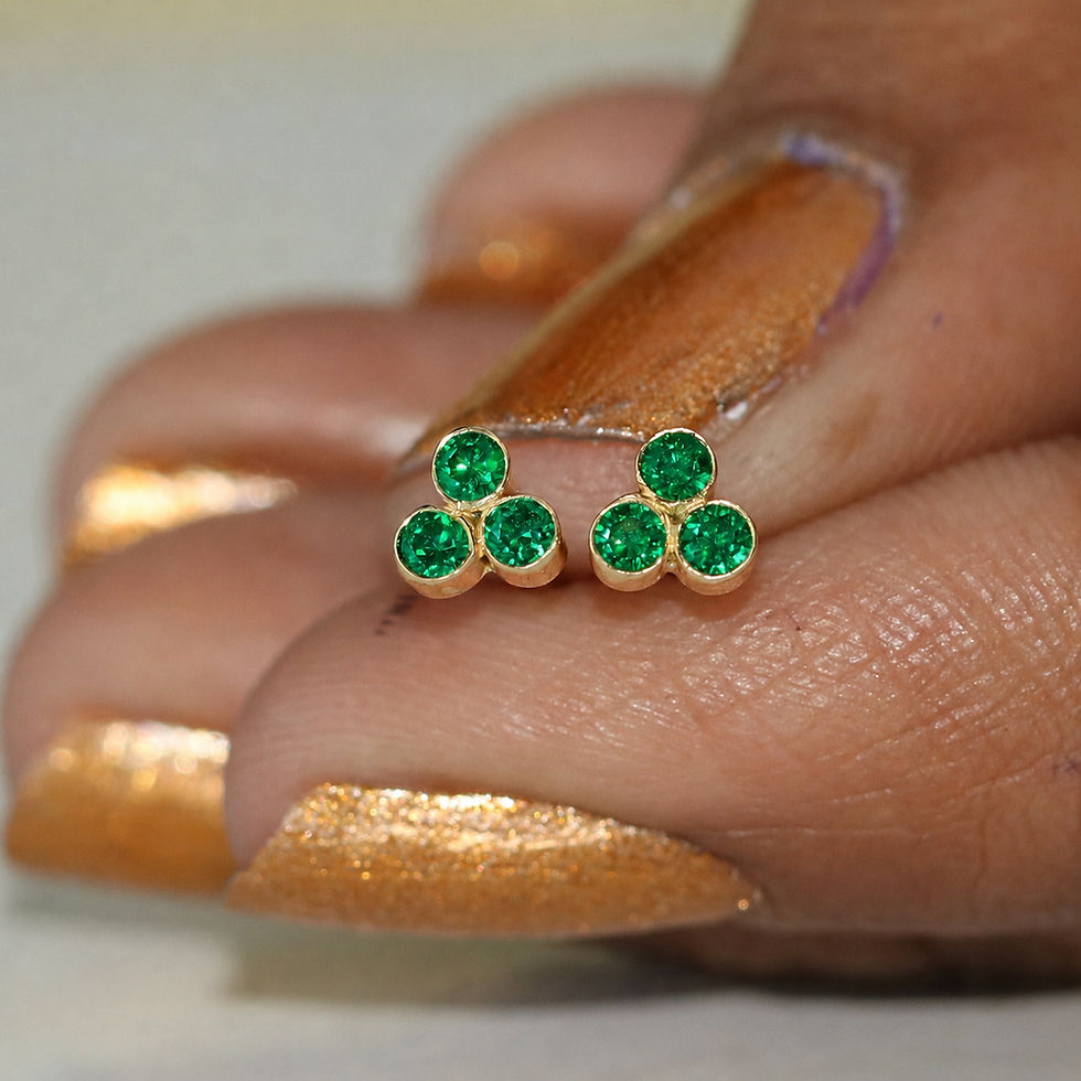 Thumbnail: Trio Emerald Bezel Set Studs Earrings, Solid 14k Yellow Gold Jewelry