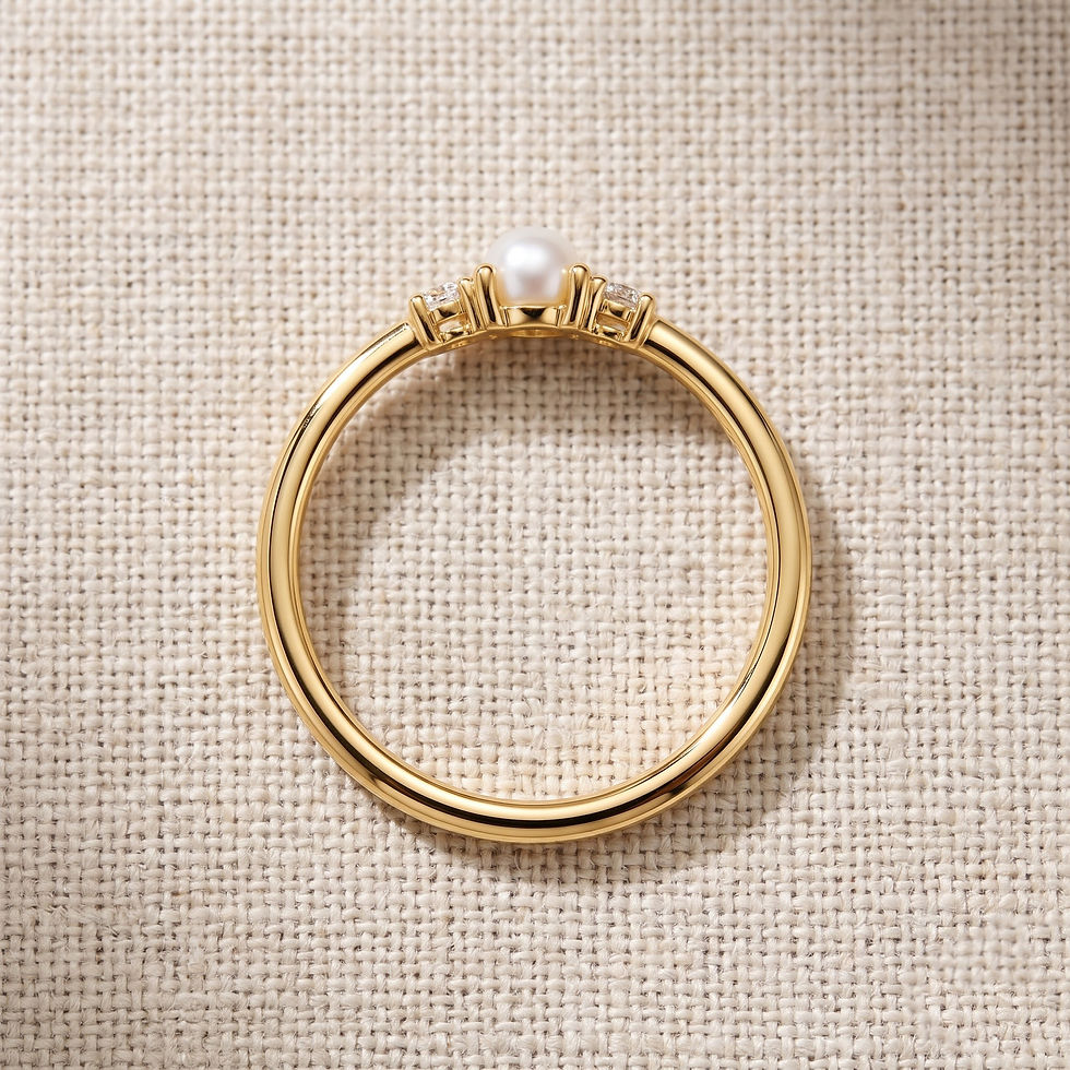 Thumbnail: Pearl & Diamond Three Stone Ring In Solid 14k Yellow Gold Handmade Jewelry