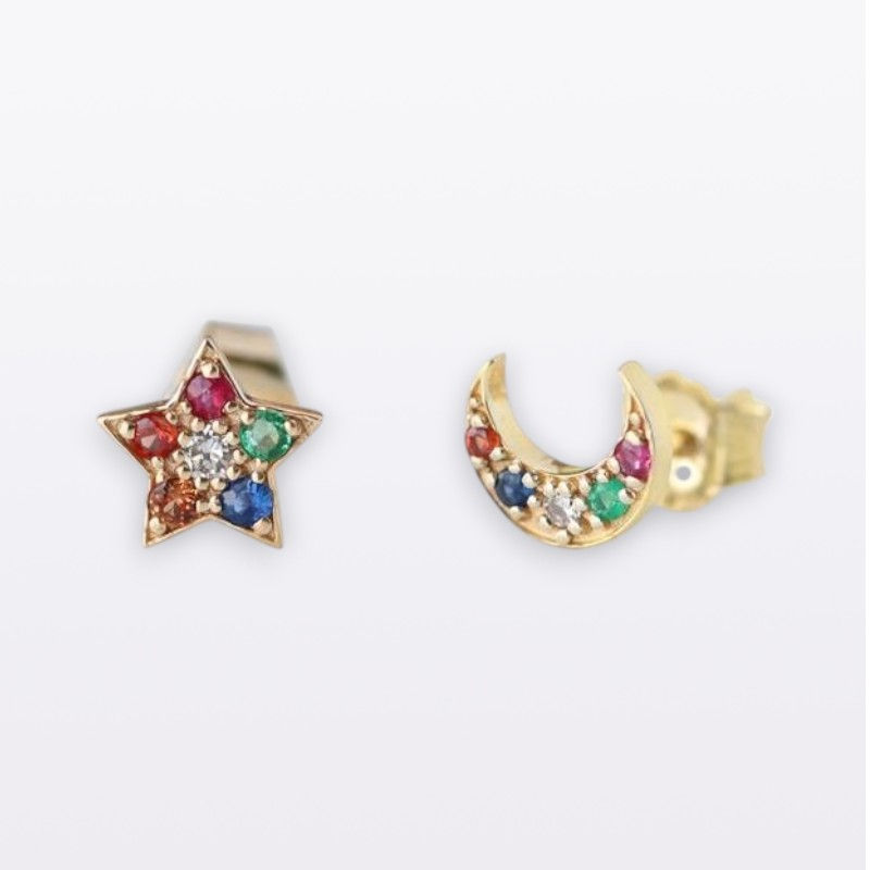 14k Solid Yellow Gold Sapphire & Diamond Star & Crescent Studs Earrings Jewelry