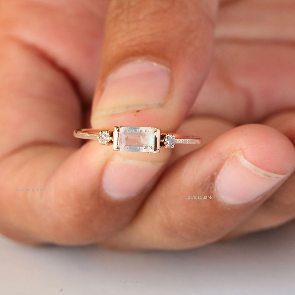 Thumbnail: Baguette Moonstone & Diamond Dainty Ring in Solid 14k Yellow Gold Handmade Ring.
