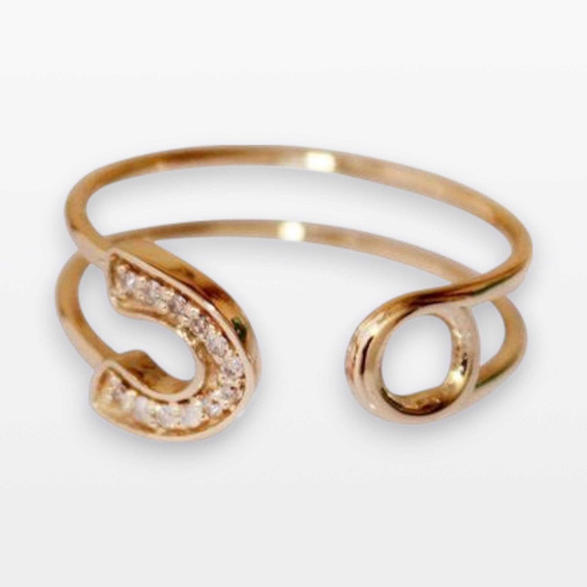 Solid 14k Yellow Gold Natural Diamonds Studded Safety Pin Ring Petite jewelry