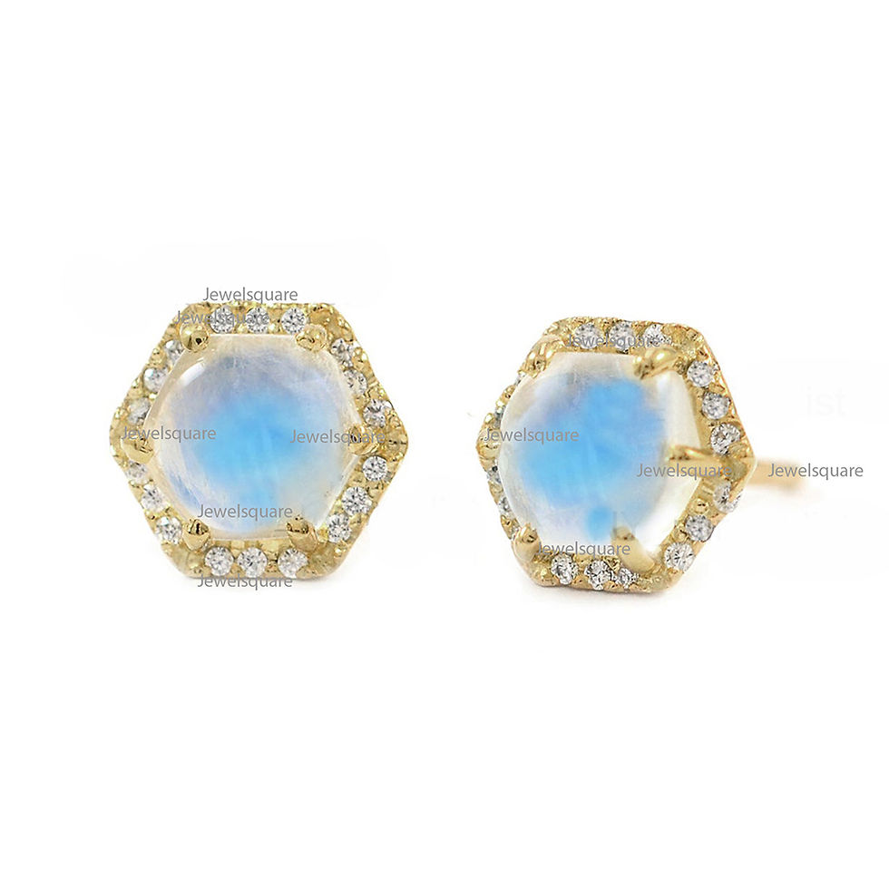Thumbnail: Hexagon Rainbow Moonstone & Studded Diamonds Studs Earrings 14k Yellow Gold