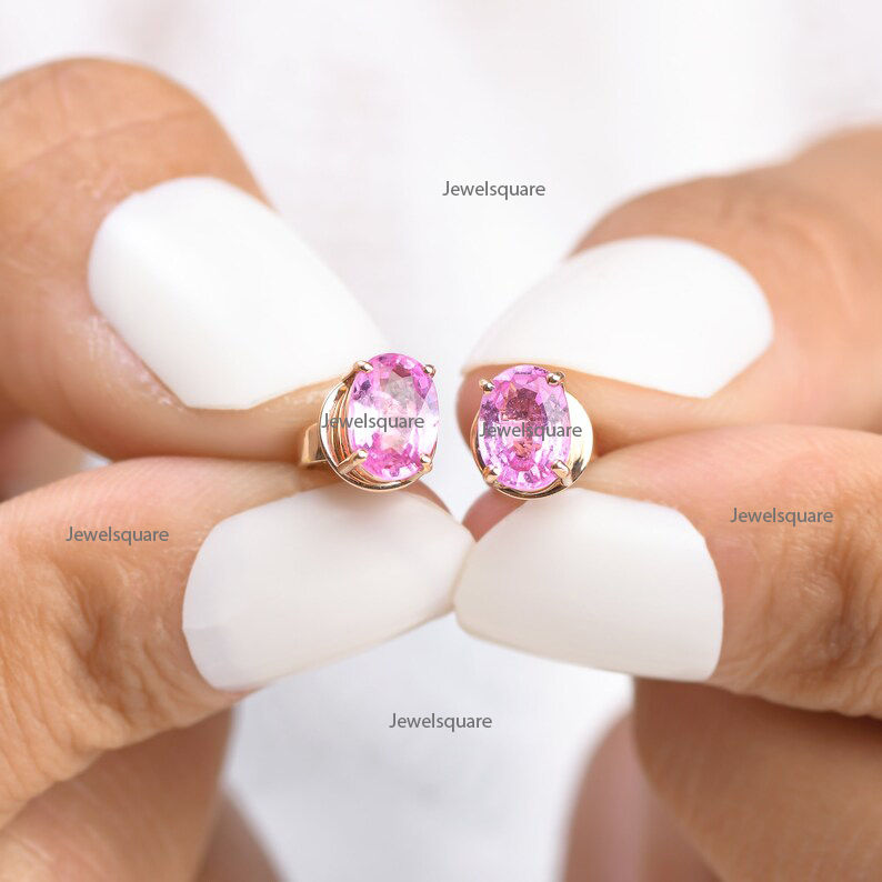 Thumbnail: Oval Real Pink Sapphire Solitaire Studs Earrings Solid 14k Gold Sapphire Studs.