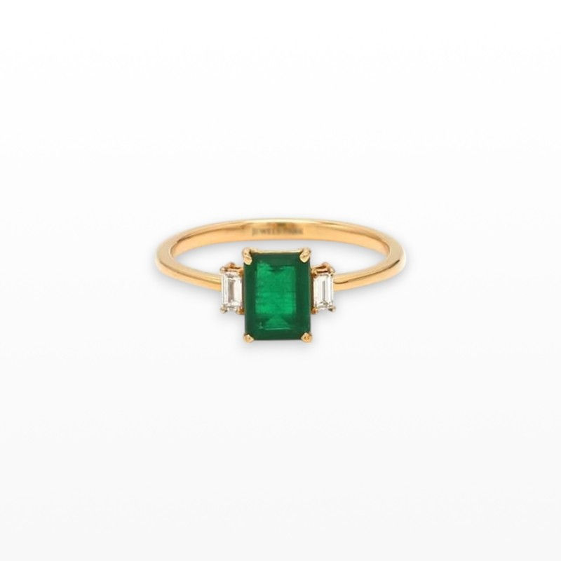 Octagon Cut Emerald Wedding Band Ring, Natural Baguette Diamond 14k Gold Ring,