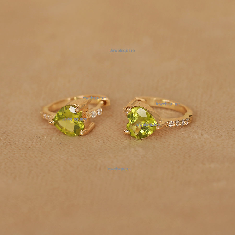 Thumbnail: Natural Heart Shape Peridot & Diamonds Hoop Earring in 14k Solid yellow Gold