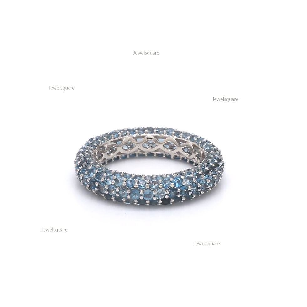 Thumbnail: Natural London Blue Topaz Pave Ring, 14k Yellow Gold Full Eternity Wedding Ring.