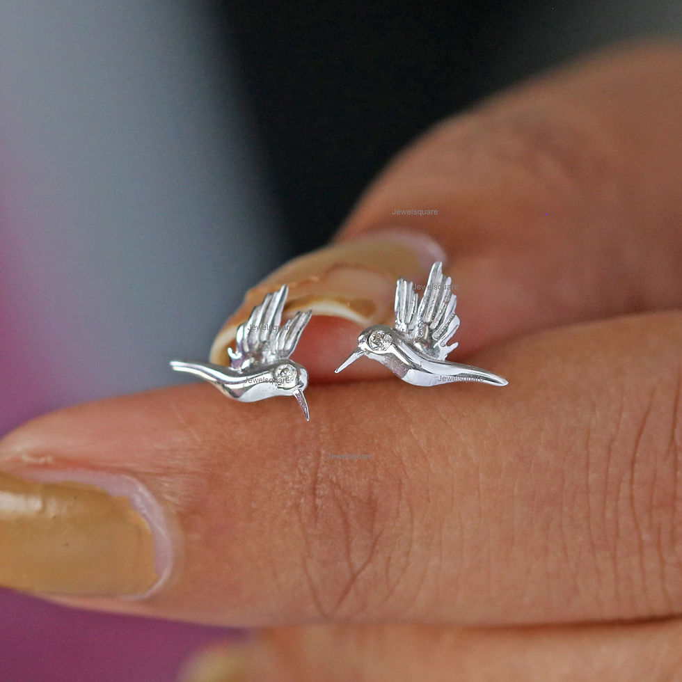 Thumbnail: Solid 14k White Gold Humming Bird Diamond Stud Earring, Handmade Jewelry Fine.