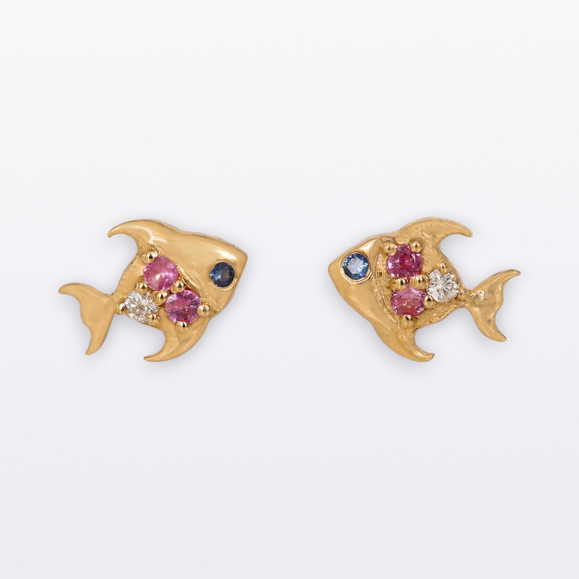 14k Yellow Gold Mini Fish Stud Earrings, Natural Sapphire & Diamond Tiny Studs