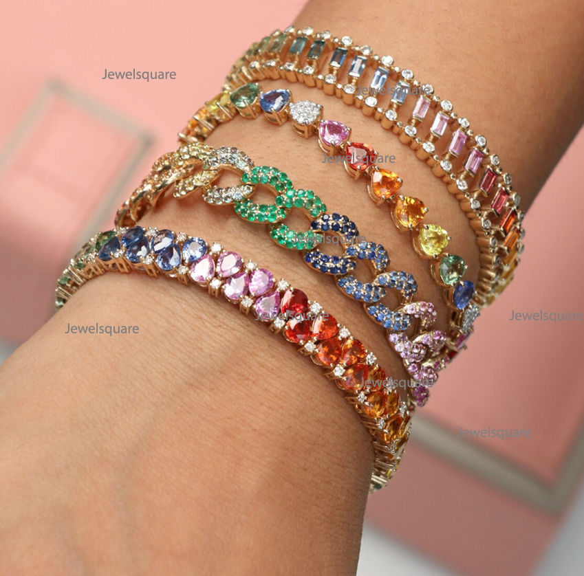 Thumbnail: Heart Shape Rainbow Sapphire Gemstone With Diamonds Tennis Bracelet in 14k Gold