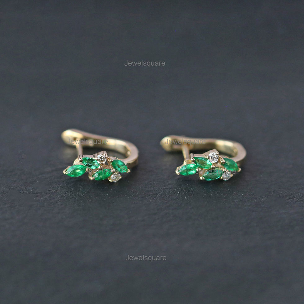 Thumbnail: 14k Yellow Gold Natural Emerald & Diamond Hoop Earrings, Cluster Huggie Hoops