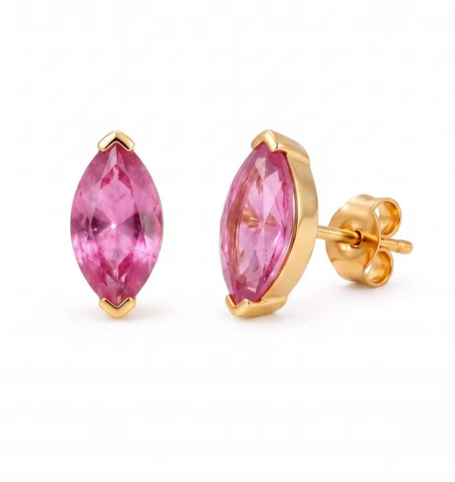4x8MM Solitaire Pink Sapphire Marquise Stud ,14k Yellow Gold Half Bezel Earrings