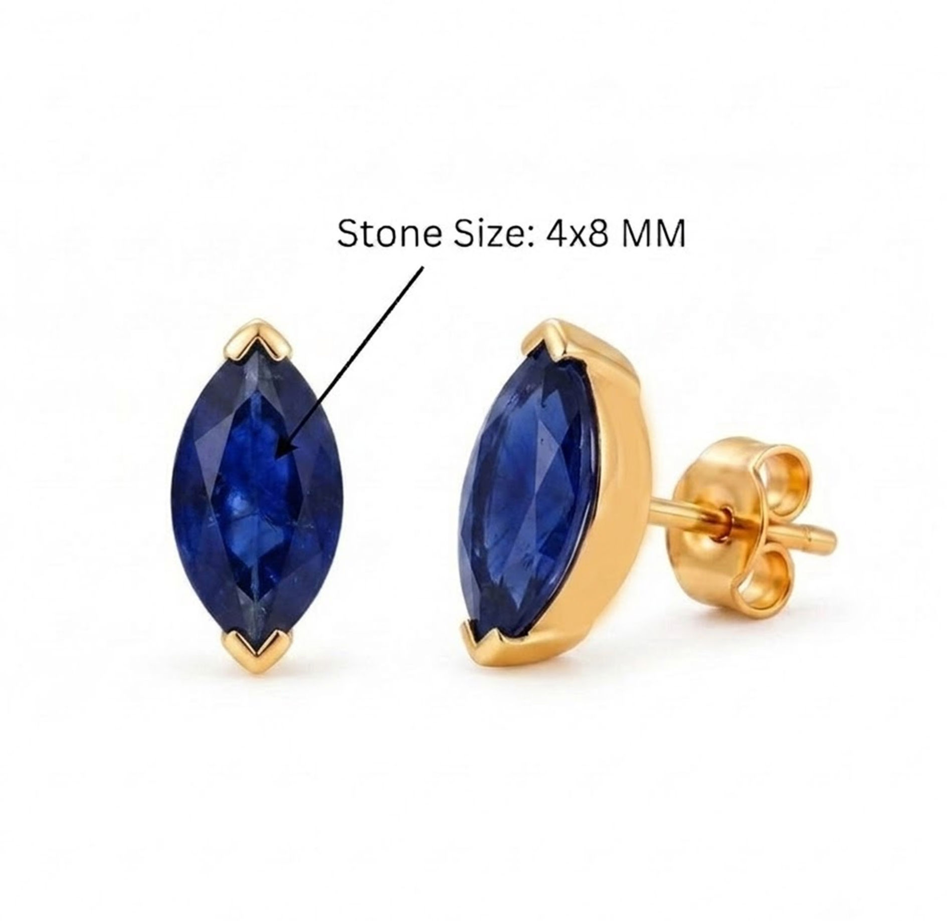 Solitaire Marquise Blue Sapphire Stud Earrings In Solid 14K Yellow Gold Jewelry