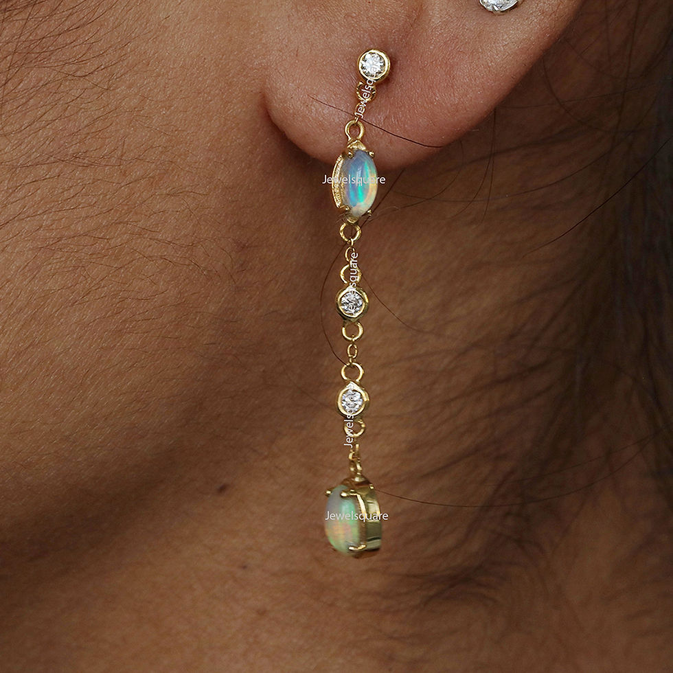 Thumbnail: 14k Yellow Gold Marquise & Oval Ethiopian Opal With Diamonds Drop Chain Earrings