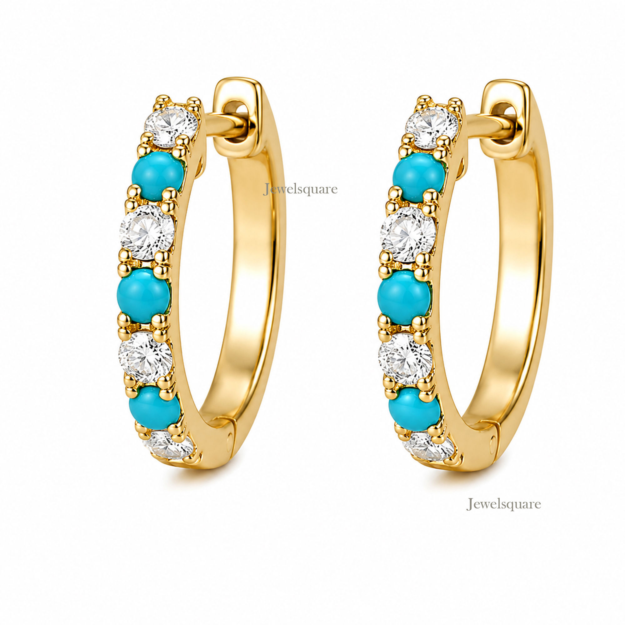 Alternate Turquoise Diamond Huggie Hoop Earrings Solid 14KYellow Gold Women Gift