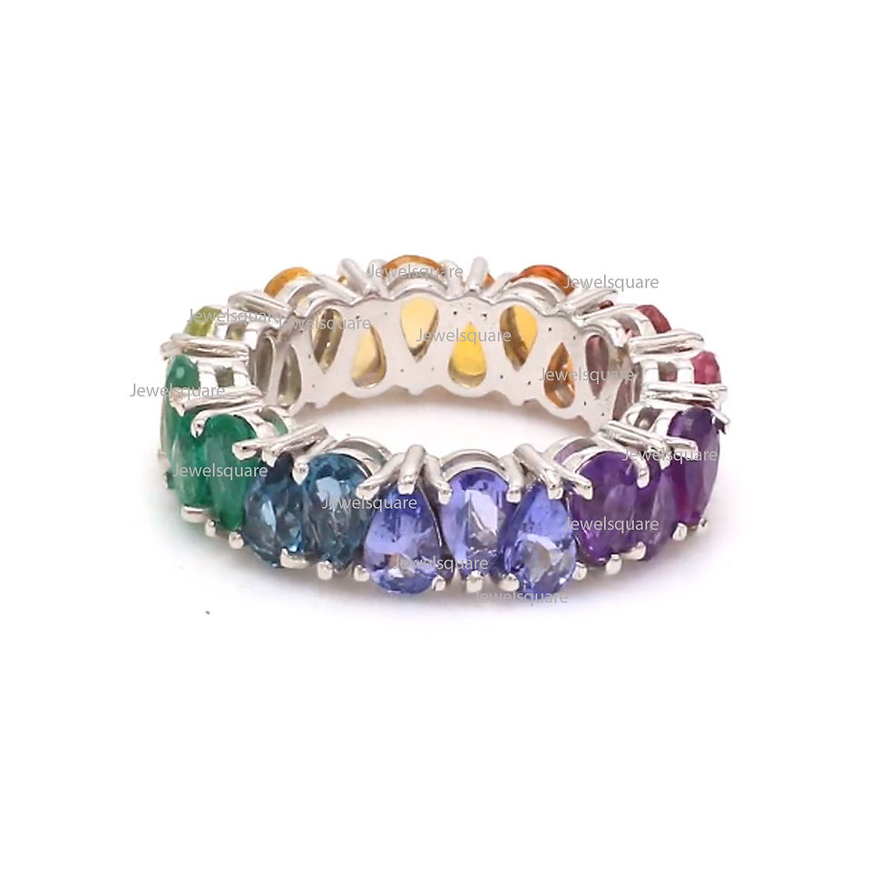 Thumbnail: Pear Rainbow Sapphires gemstone Band In Solid 14k White Gold Band