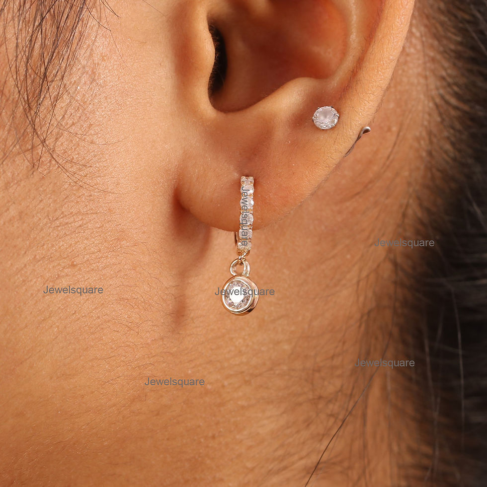 Thumbnail: Genuine Bezel Diamond Drop Hoop Earring in 14k Solid Yellow Gold Handmade Fine