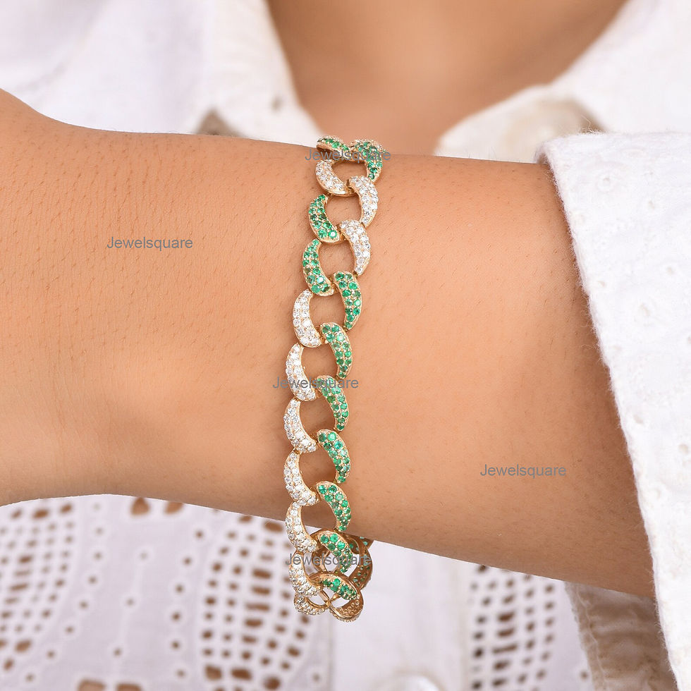 Thumbnail: Natural Pave Diamond & Emerald  Cuban Chain Tennis Bracelet In 14k Yellow Gold