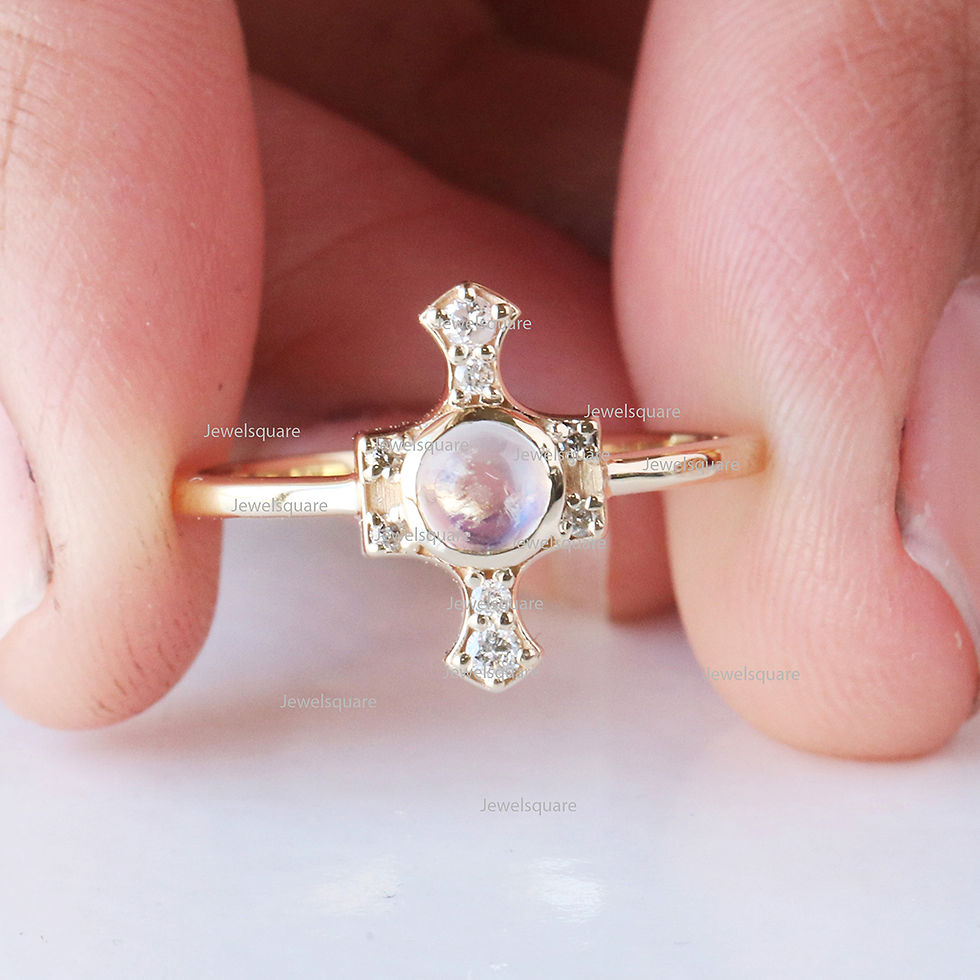 Thumbnail: Bezel Rainbow Moonstone & Diamonds Ring In Solid 14k Yellow Gold