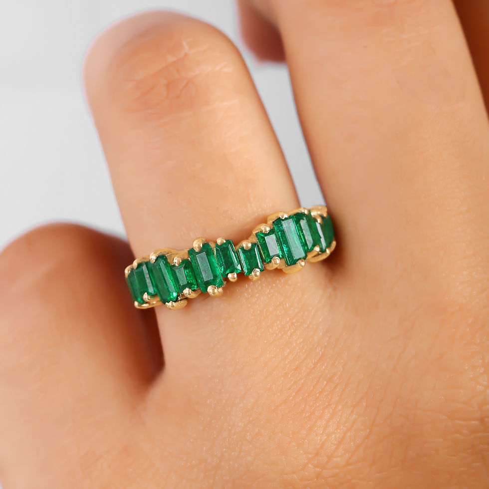 Thumbnail: Baguette Cut Zambian Emerald Zig Zag Half Eternity Ring In 14K Solid Yellow Gold