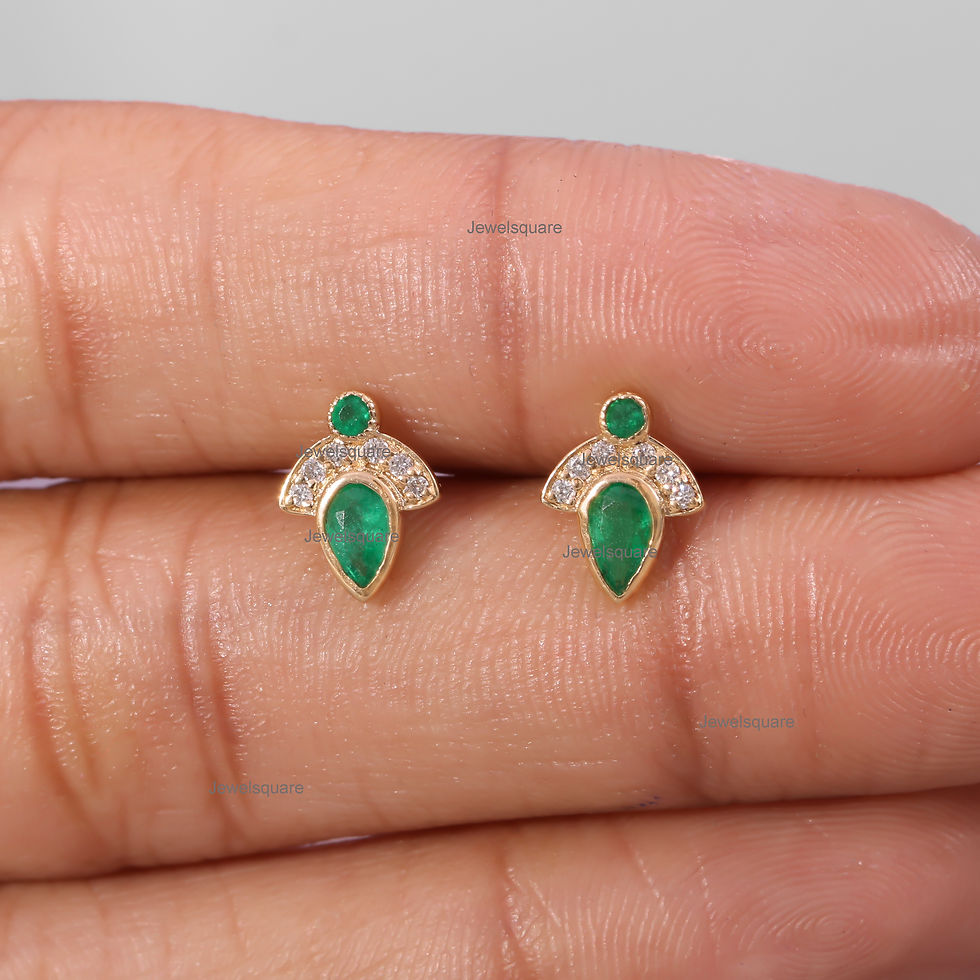 Thumbnail: Pear Emerald & Diamond Tiny Stud Earrings In 14k Yellow Gold Fine Jewelry