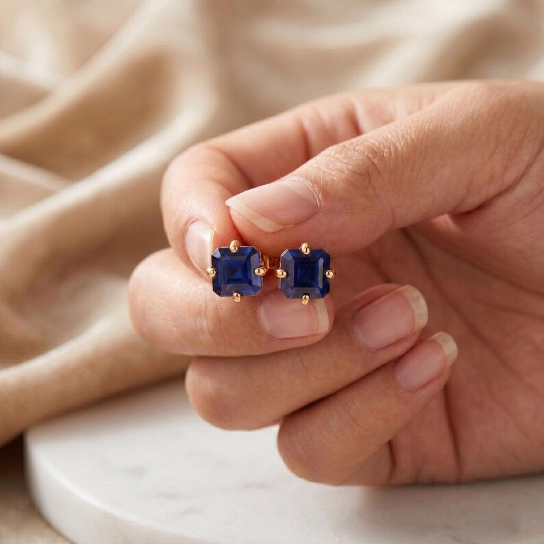Thumbnail: Solitaire Asscher Cut Blue Sapphire Stud Earrings 14k Yellow Gold Birthday Gift