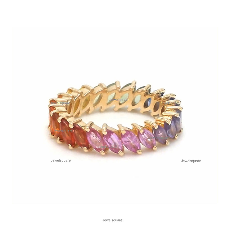 Thumbnail: Marquise Ombre Rainbow Sapphire Full Eternity Band Solid14k Yellow Gold