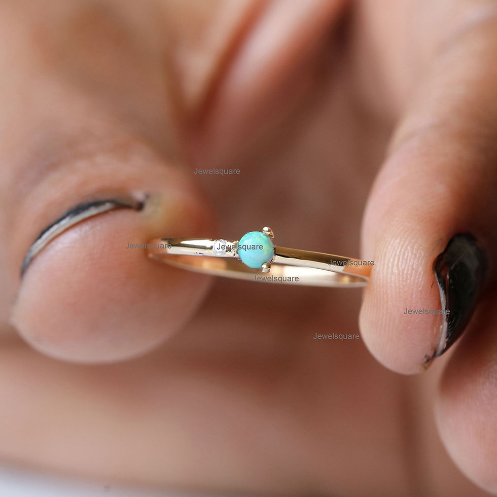 Thumbnail: Solitaire Single Ethiopian Opal & Diamond Wedding Ring in 14k Yellow Gold.