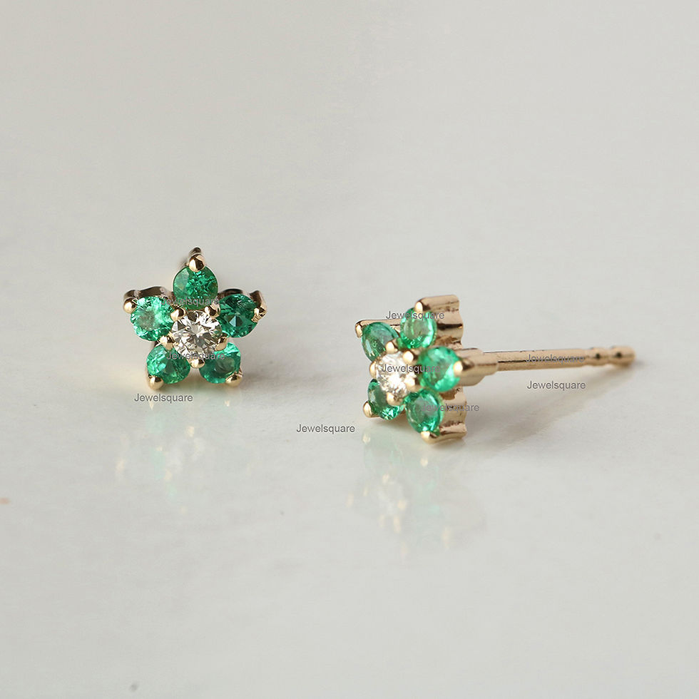 Thumbnail: Real Emerald and Diamond floral Studs Earring In Solid 14k Yellow Gold Dainty