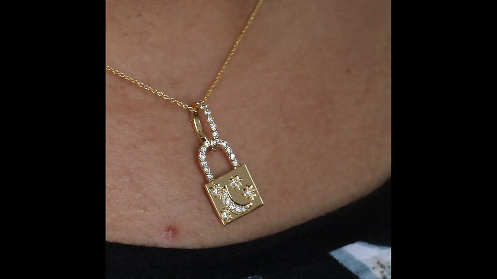 Thumbnail: Studded Diamond Crescent Stars Lock Charm Pendant Necklace in 14K Rose Gold