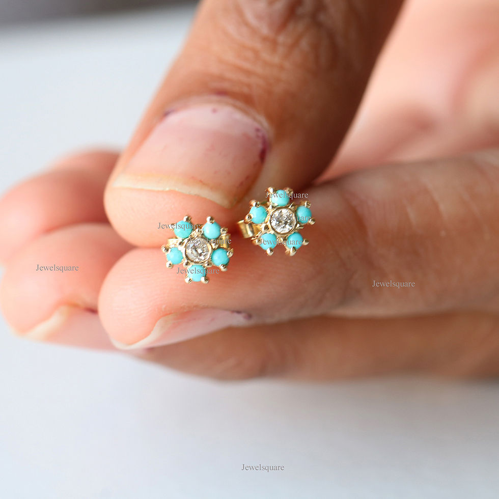Thumbnail: Natural Diamond, Turquoise Floral Stud Earring in 14k Yellow Gold Fine Jewelry