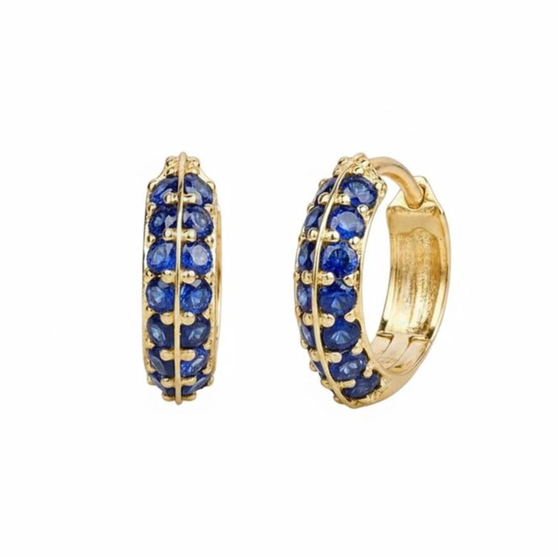 Blue Sapphire Double Layer Hoop Earrings, Solid 14k Yellow Gold Anniversary Gift