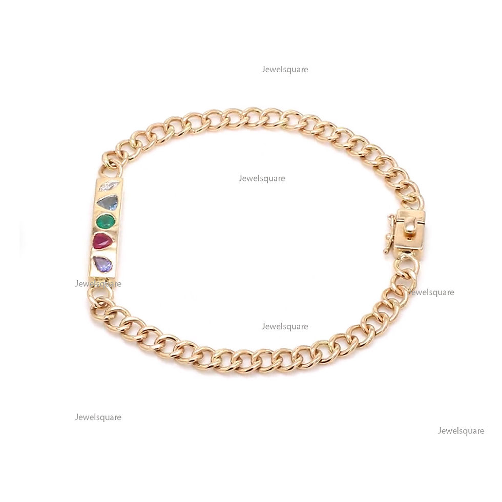 Thumbnail: Multi Shape Emerald Ruby Diamond Mini Bar with Cuban Chain Bracelet 14k Gold