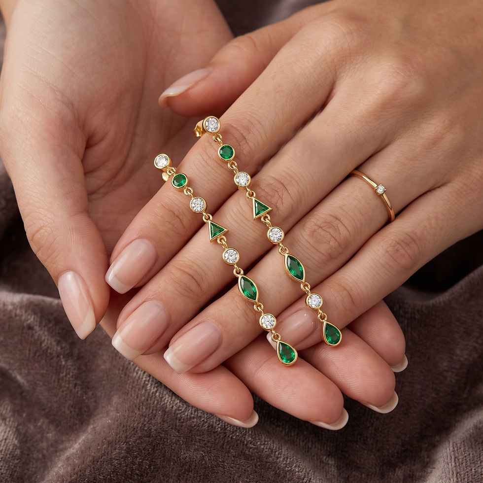 Thumbnail: Altenative Emerald & Diamond Dangle Drop Studs Earrings In Solid 14K Yellow Gold