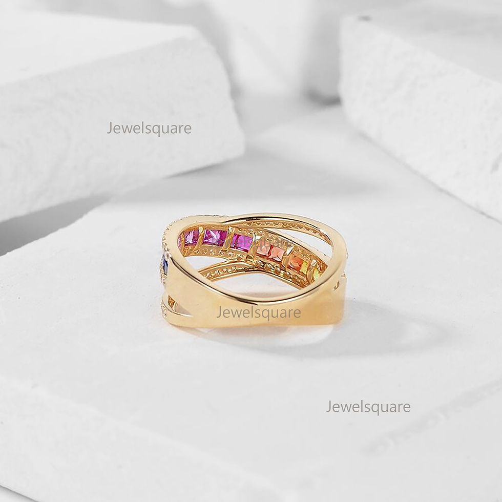 Thumbnail: Princess Multi Sapphire & Diamond X Shape Ring, 14K Gold Half Eternity Ring