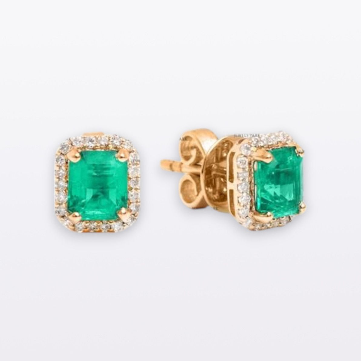 Solitaire Octagon Emerald & Studded Natural Diamond Halo Studs Earrings 14k Gold